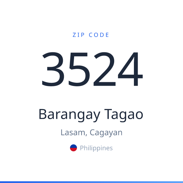 Shareable ZIP code 3524 card for Barangay Tagao, light theme