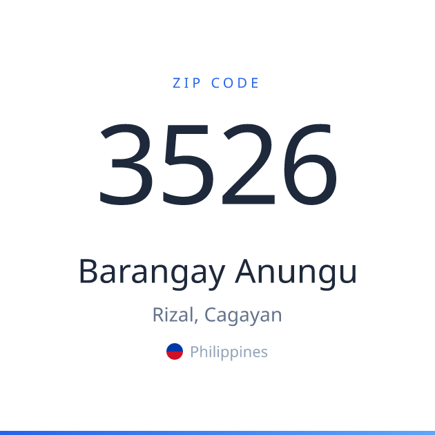 Shareable ZIP code 3526 card for Barangay Anungu, light theme