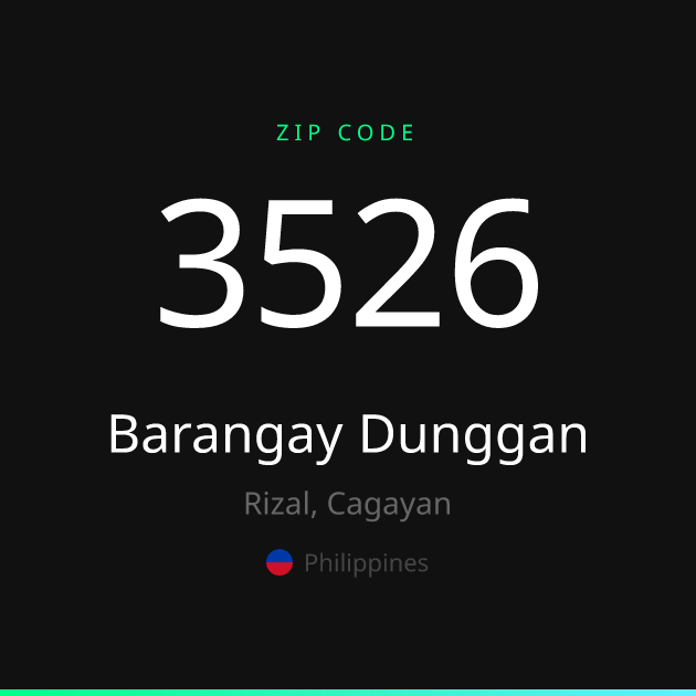 Shareable ZIP code 3526 card for Barangay Dunggan, dark theme