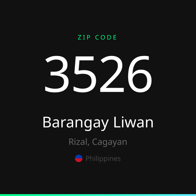 Shareable ZIP code 3526 card for Barangay Liwan, dark theme