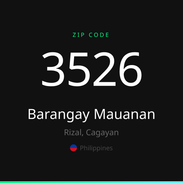 Shareable ZIP code 3526 card for Barangay Mauanan, dark theme