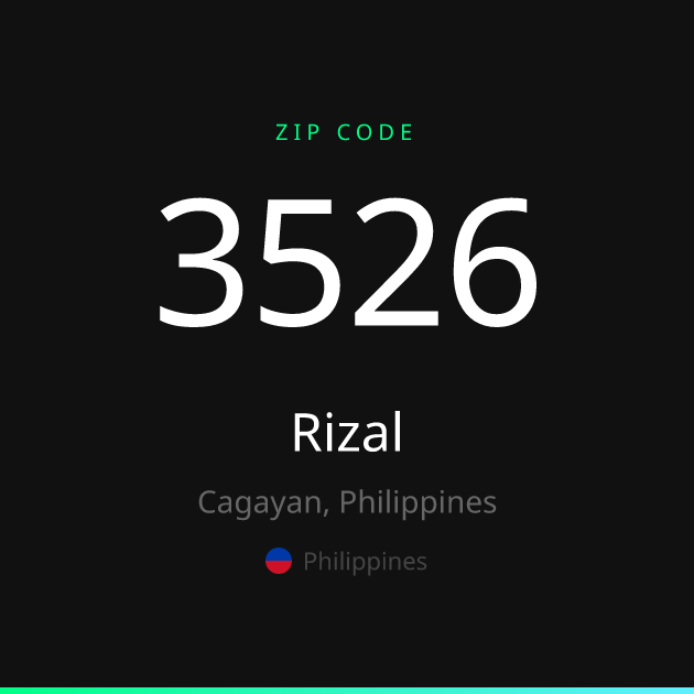 Shareable ZIP code 3526 card for Rizal, dark theme