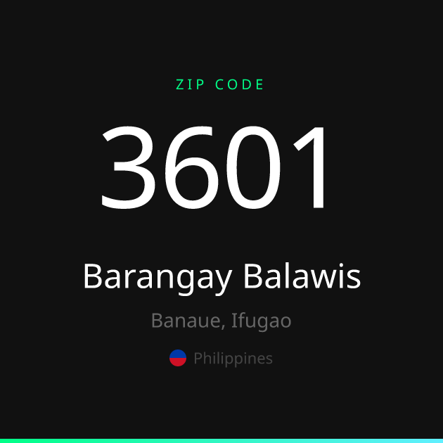 Shareable ZIP code 3601 card for Barangay Balawis, dark theme