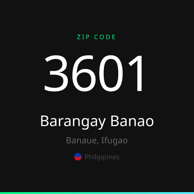 Shareable ZIP code 3601 card for Barangay Banao, dark theme