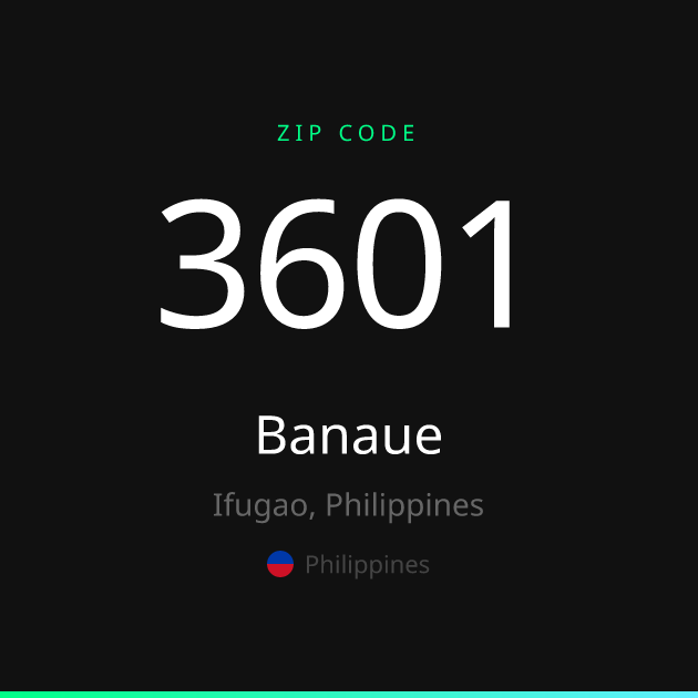 Shareable ZIP code 3601 card for Banaue, dark theme
