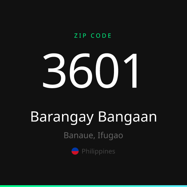 Shareable ZIP code 3601 card for Barangay Bangaan, dark theme