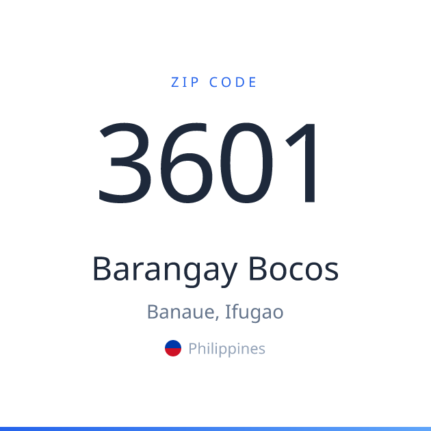 Shareable ZIP code 3601 card for Barangay Bocos, light theme
