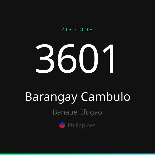 Shareable ZIP code 3601 card for Barangay Cambulo, dark theme