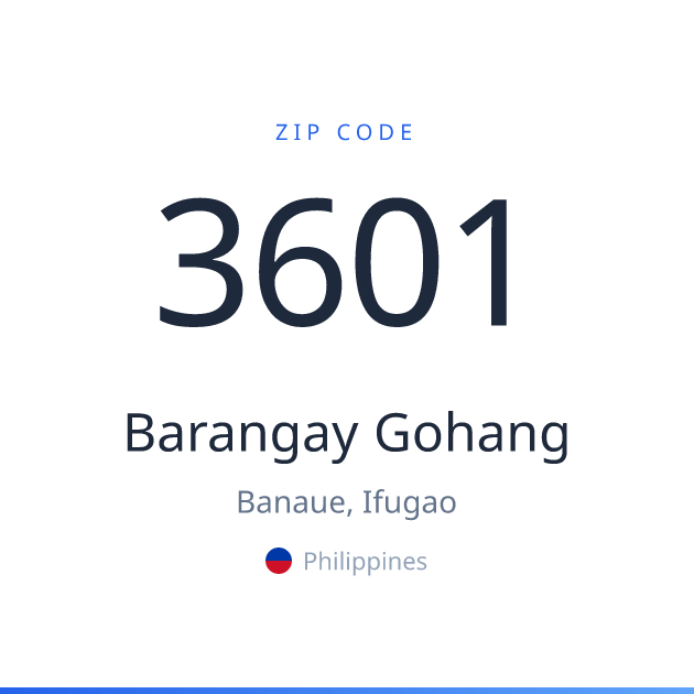 Shareable ZIP code 3601 card for Barangay Gohang, light theme