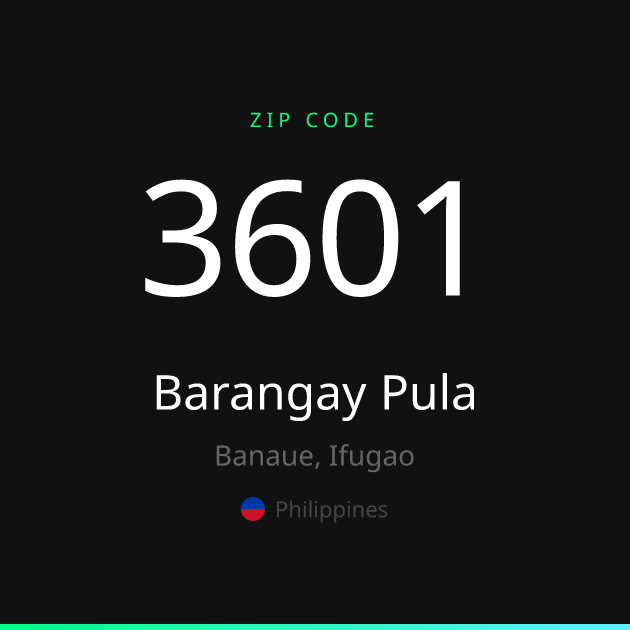 Shareable ZIP code 3601 card for Barangay Pula, dark theme