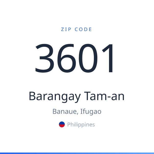 Shareable ZIP code 3601 card for Barangay Tam-an, light theme