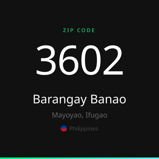 Shareable ZIP code 3602 card for Barangay Banao, dark theme