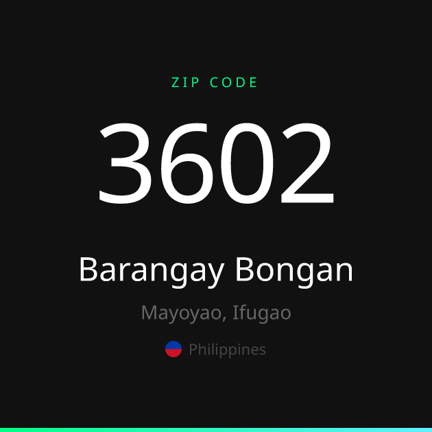 Shareable ZIP code 3602 card for Barangay Bongan, dark theme