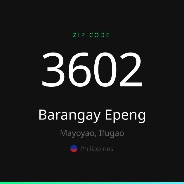 Shareable ZIP code 3602 card for Barangay Epeng, dark theme