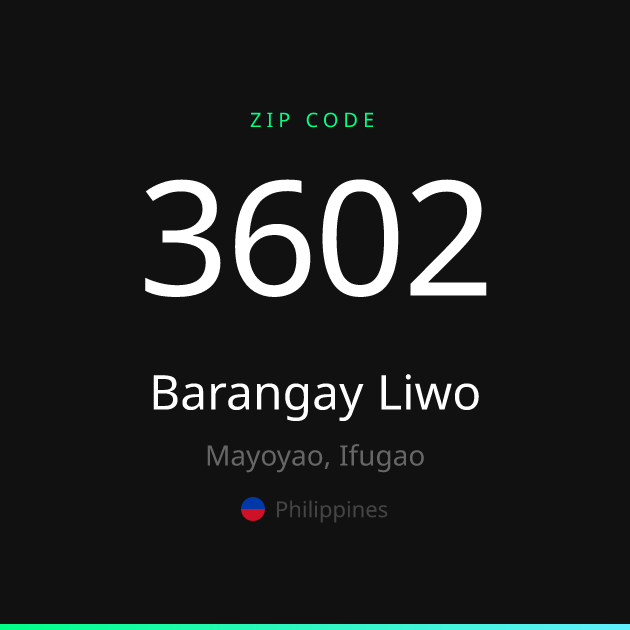 Shareable ZIP code 3602 card for Barangay Liwo, dark theme