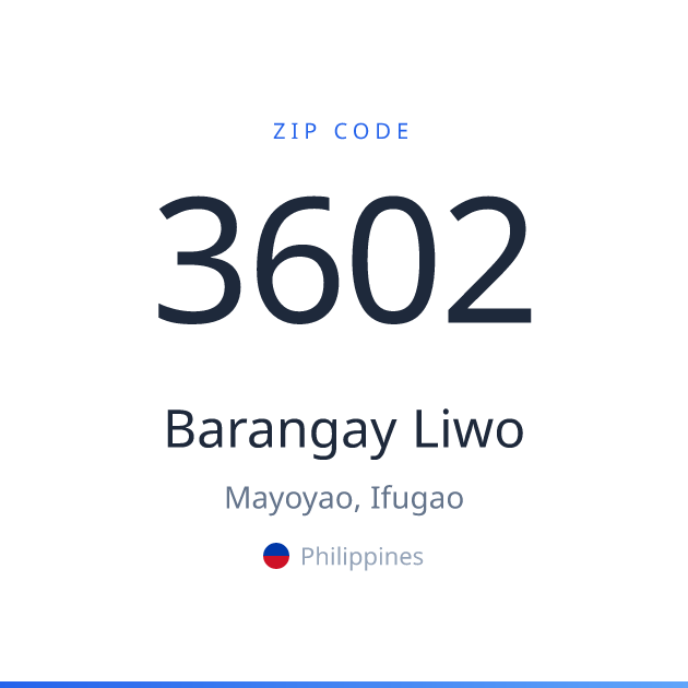 Shareable ZIP code 3602 card for Barangay Liwo, light theme
