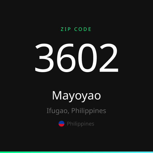 Shareable ZIP code 3602 card for Mayoyao, dark theme