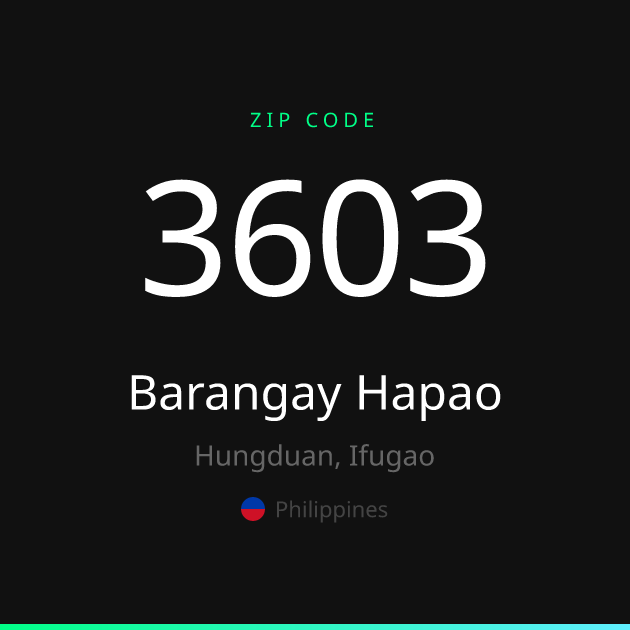 Shareable ZIP code 3603 card for Barangay Hapao, dark theme