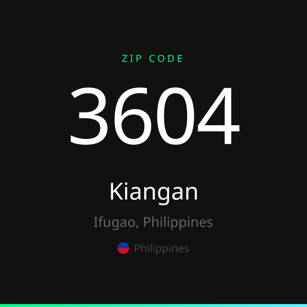 Shareable ZIP code 3604 card for Kiangan, dark theme