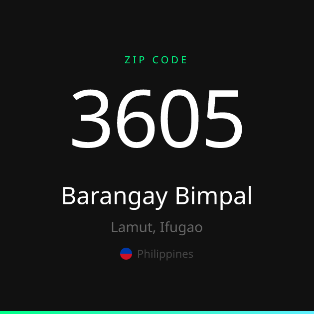 Shareable ZIP code 3605 card for Barangay Bimpal, dark theme