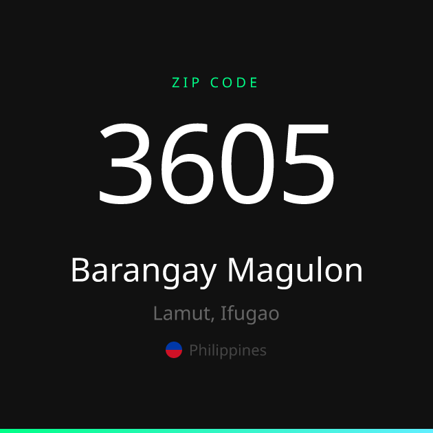 Shareable ZIP code 3605 card for Barangay Magulon, dark theme