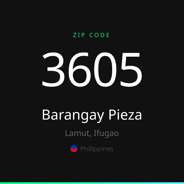 Shareable ZIP code 3605 card for Barangay Pieza, dark theme
