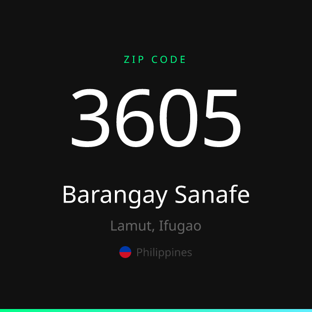 Shareable ZIP code 3605 card for Barangay Sanafe, dark theme