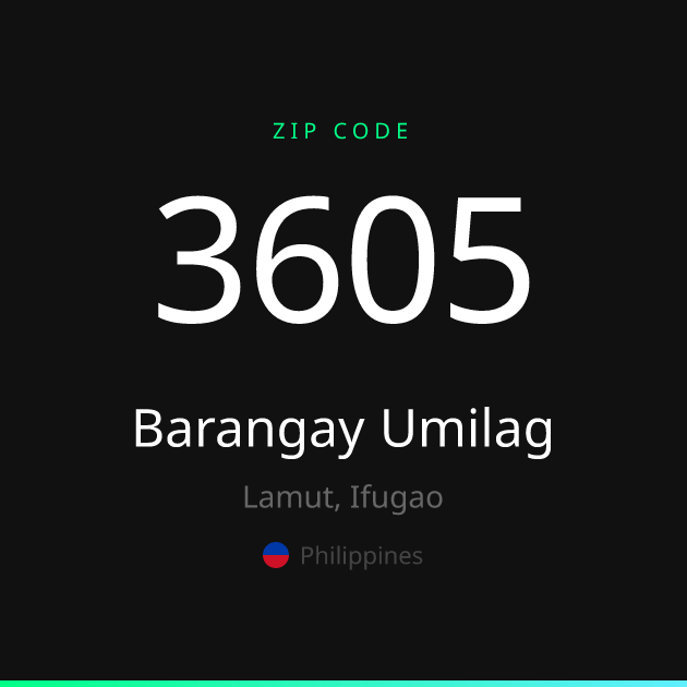 Shareable ZIP code 3605 card for Barangay Umilag, dark theme