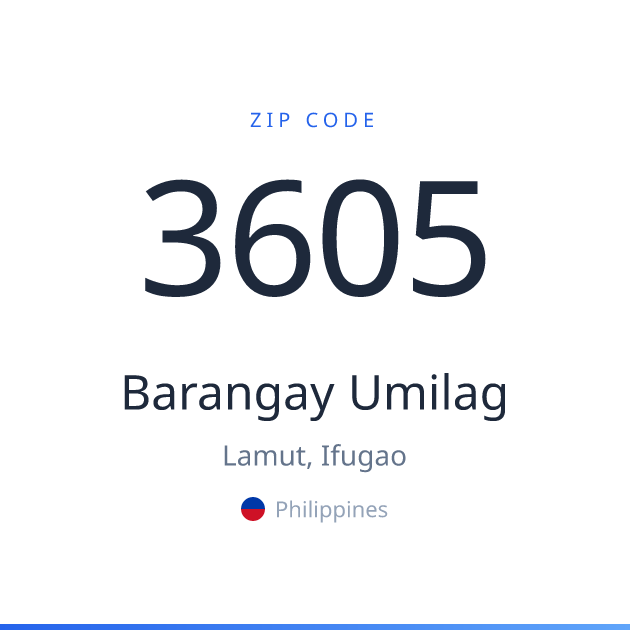 Shareable ZIP code 3605 card for Barangay Umilag, light theme