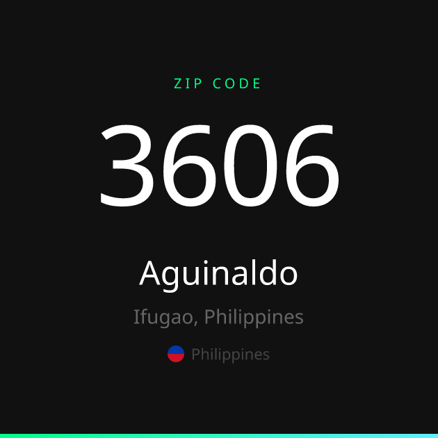 Shareable ZIP code 3606 card for Aguinaldo, dark theme