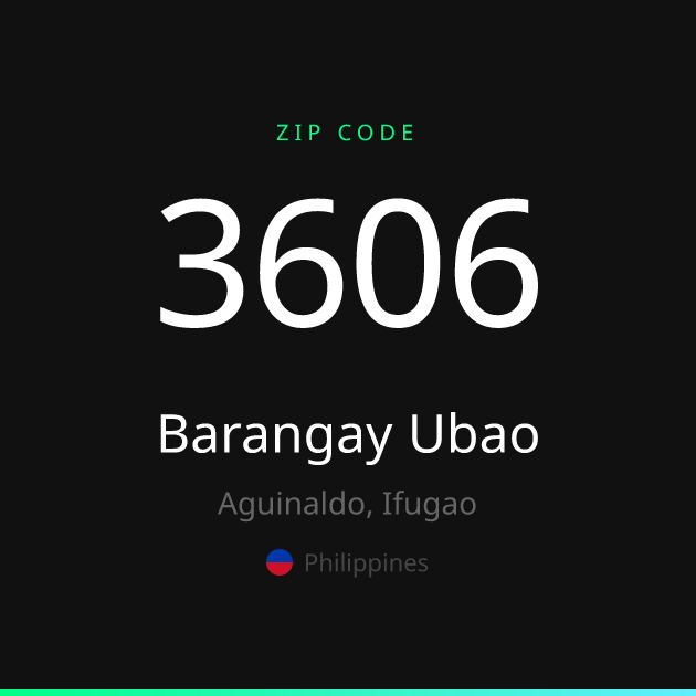 Shareable ZIP code 3606 card for Barangay Ubao, dark theme