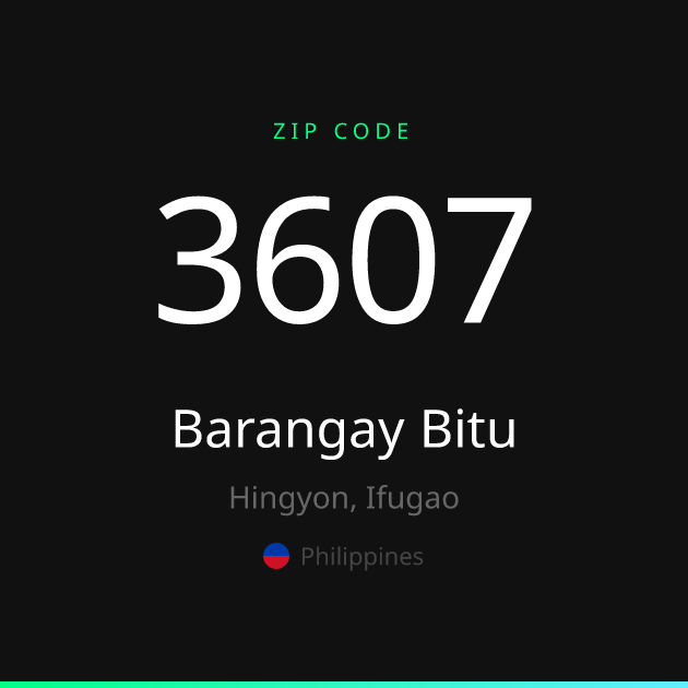 Shareable ZIP code 3607 card for Barangay Bitu, dark theme