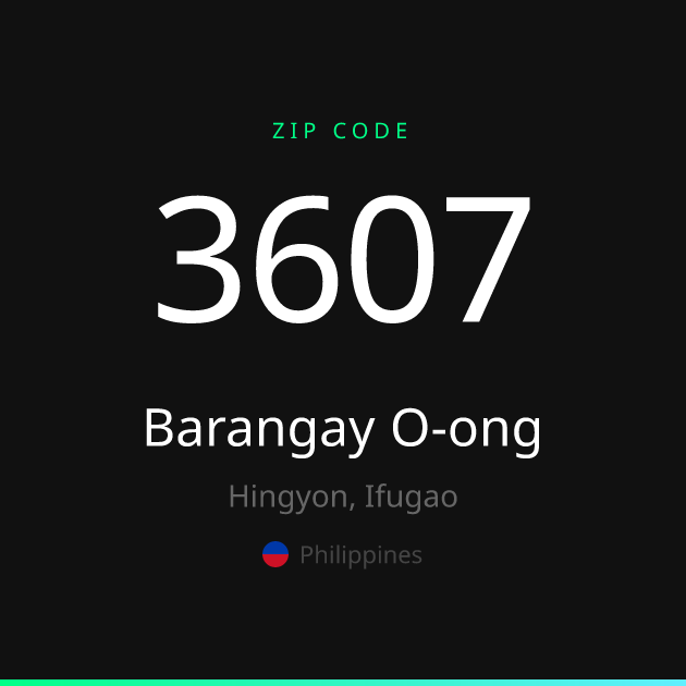 Shareable ZIP code 3607 card for Barangay O-ong, dark theme