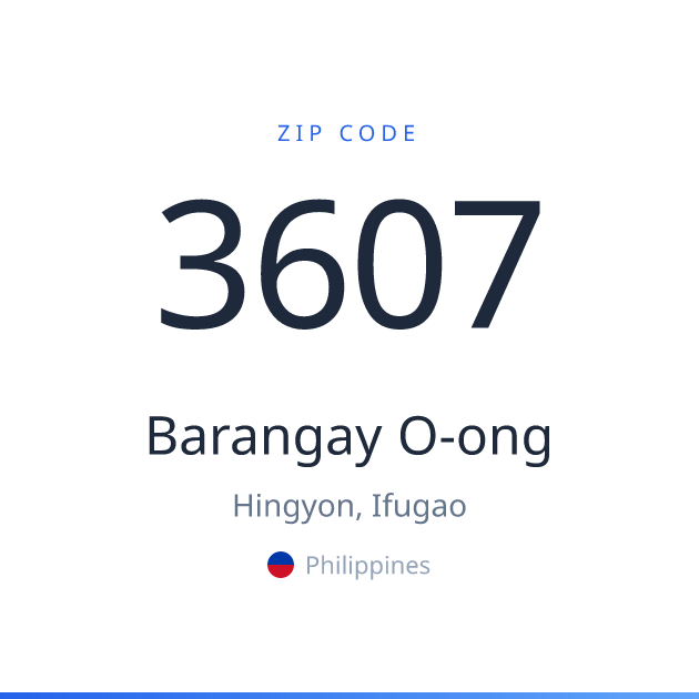 Shareable ZIP code 3607 card for Barangay O-ong, light theme