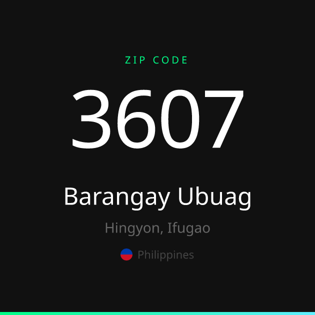 Shareable ZIP code 3607 card for Barangay Ubuag, dark theme