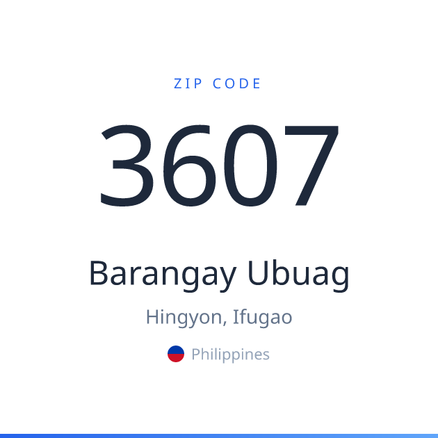 Shareable ZIP code 3607 card for Barangay Ubuag, light theme
