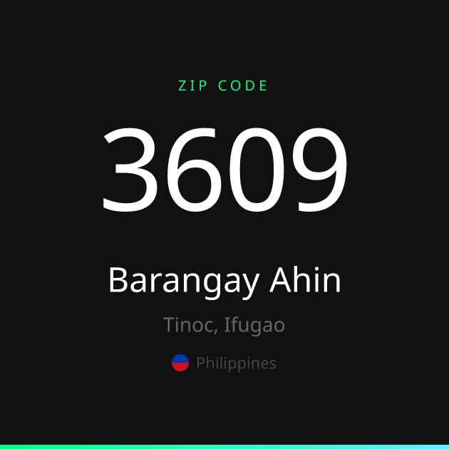 Shareable ZIP code 3609 card for Barangay Ahin, dark theme