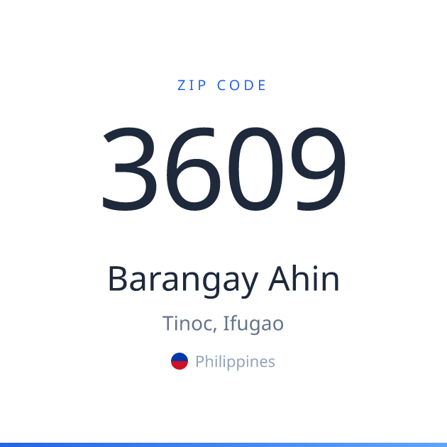 Shareable ZIP code 3609 card for Barangay Ahin, light theme