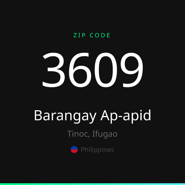 Shareable ZIP code 3609 card for Barangay Ap-apid, dark theme