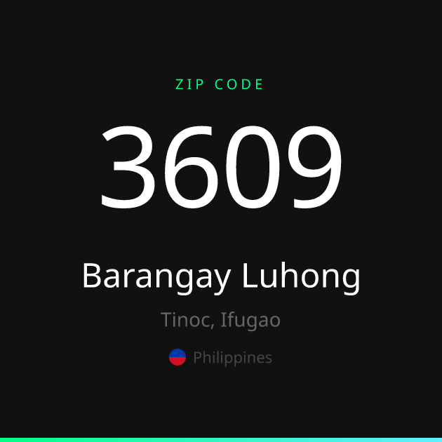 Shareable ZIP code 3609 card for Barangay Luhong, dark theme