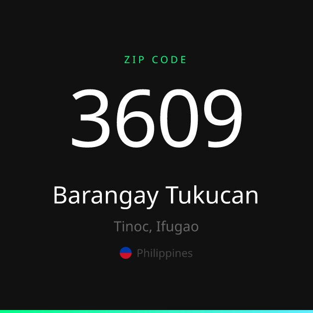 Shareable ZIP code 3609 card for Barangay Tukucan, dark theme