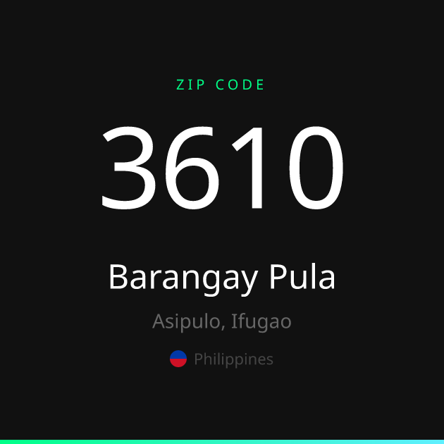 Shareable ZIP code 3610 card for Barangay Pula, dark theme