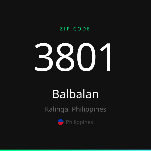 Shareable ZIP code 3801 card for Balbalan, dark theme