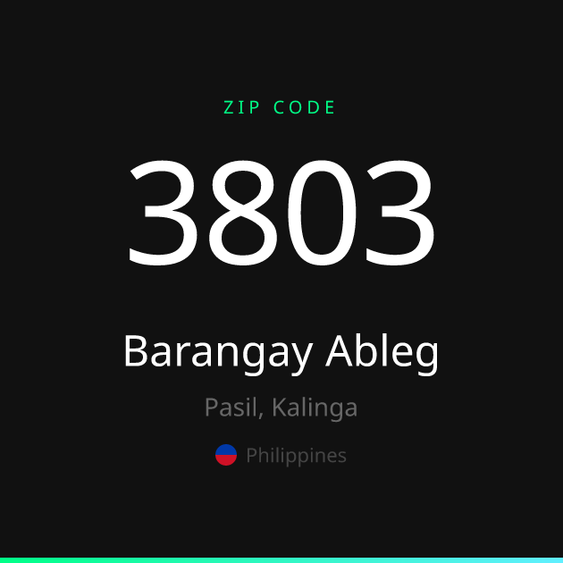 Shareable ZIP code 3803 card for Barangay Ableg, dark theme