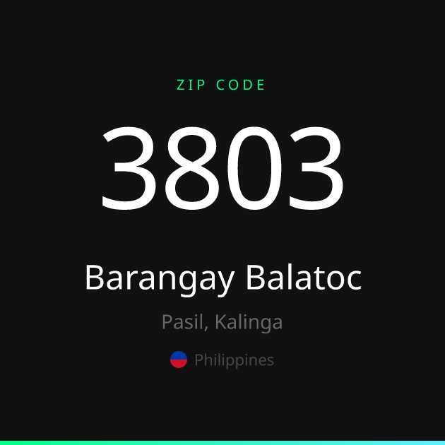 Shareable ZIP code 3803 card for Barangay Balatoc, dark theme