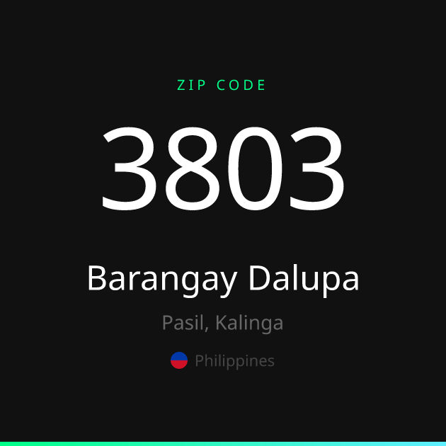 Shareable ZIP code 3803 card for Barangay Dalupa, dark theme
