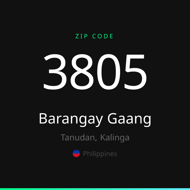 Shareable ZIP code 3805 card for Barangay Gaang, dark theme