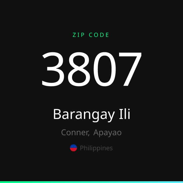 Shareable ZIP code 3807 card for Barangay Ili, dark theme
