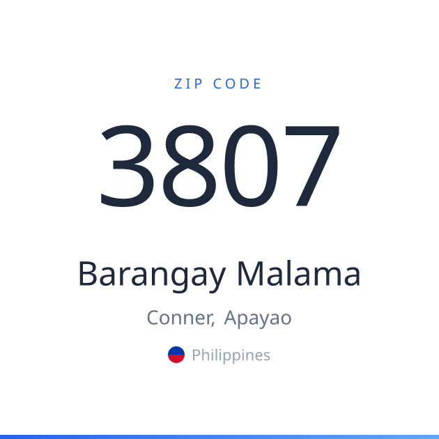 Shareable ZIP code 3807 card for Barangay Malama, light theme