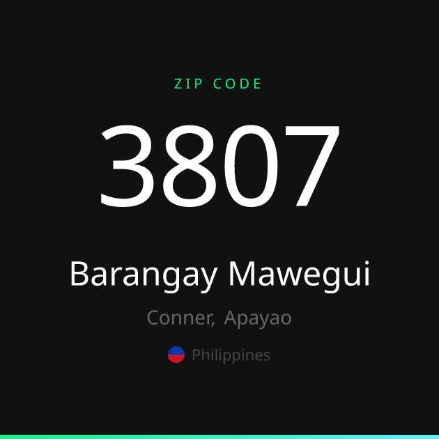 Shareable ZIP code 3807 card for Barangay Mawegui, dark theme